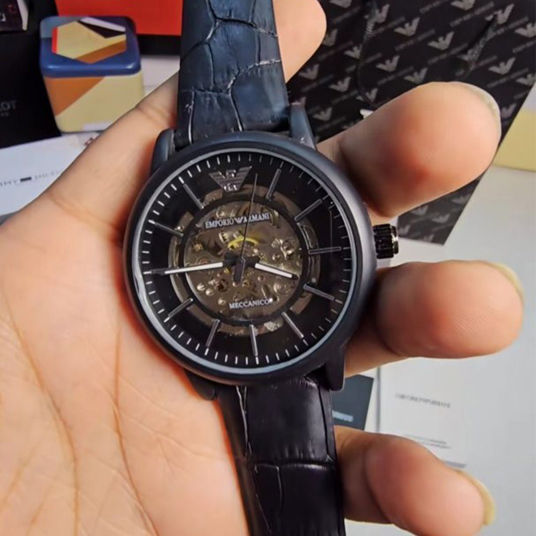 Armani Black Leather Automatic Watch - Image 6