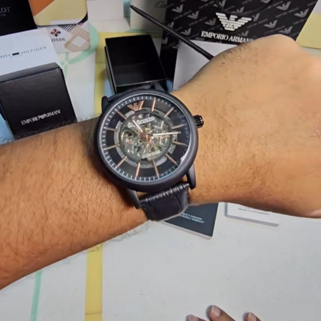 Armani Black Leather Automatic Watch - Image 3