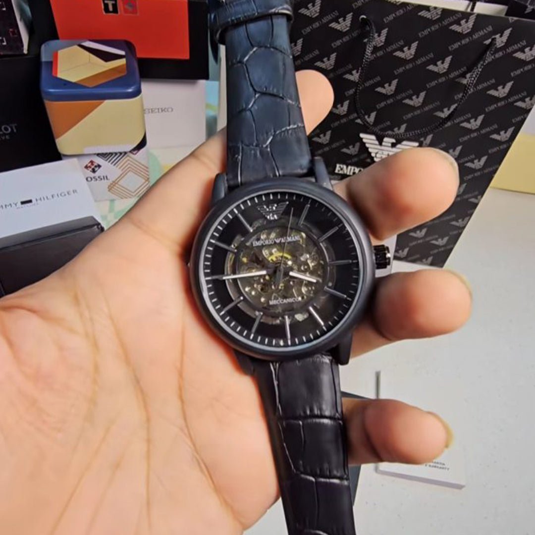 Armani Black Leather Automatic Watch - Image 5