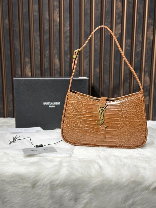 Saint Laurent YSL Tan Crocodile Embossed Leather Hobo Bag With Og Box