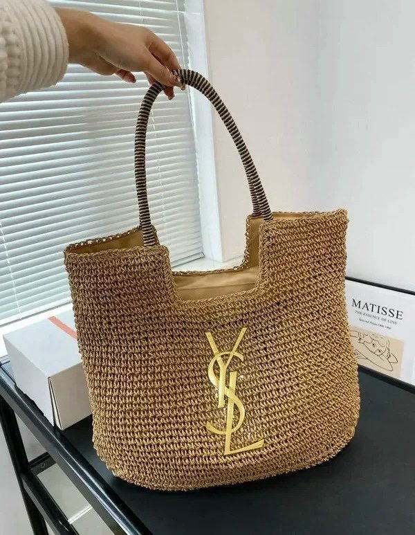 YSL Saint Laurent Icare Raffia Jute Tote Bag With OG Box & Dust Bag (Brown - 991)