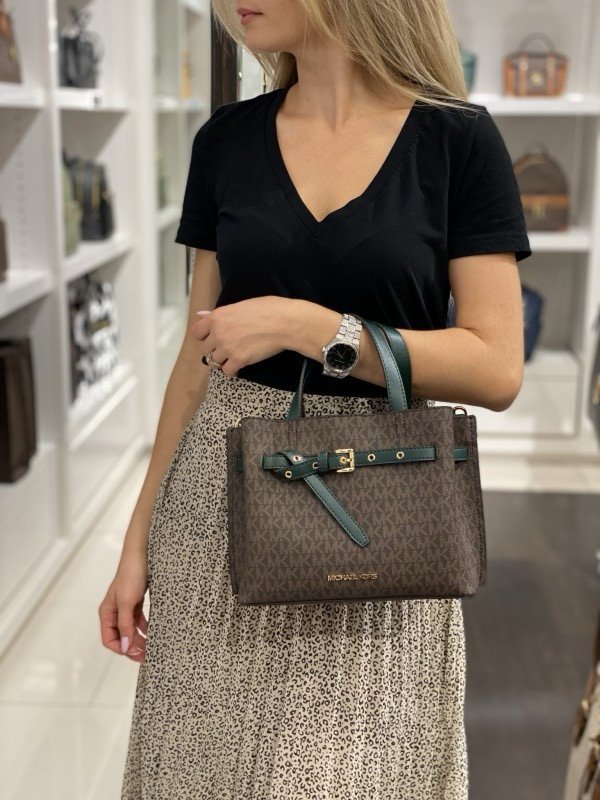 Michael_Kors Signature Emilia Brown Green Shoulder Bag With Premium Box Packaging & Accessories (8611)