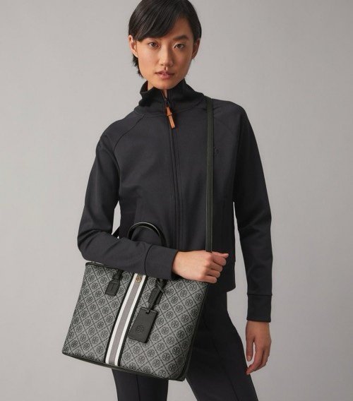 Tory Burch T Monogram Coated Canvas Tote Bag Navy With Dust Bag