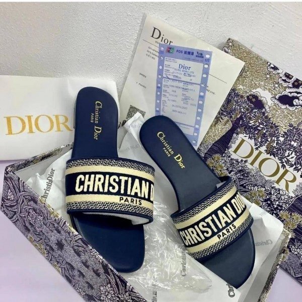 Christian Dior Black Dway Slide With OG Box & Carry Bag (Navy 746)